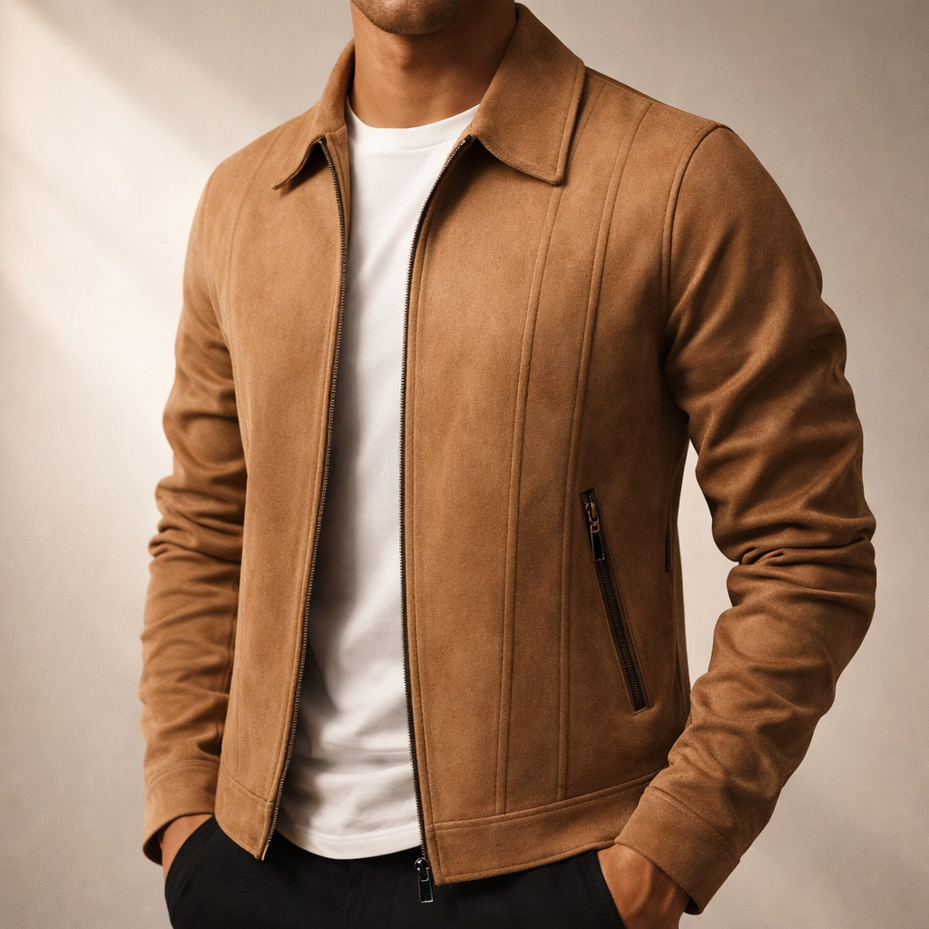Veste en Daim Vintage Homme Lyon – Blouson Suède Léger à Doublure Lisse et Finition Côtelée