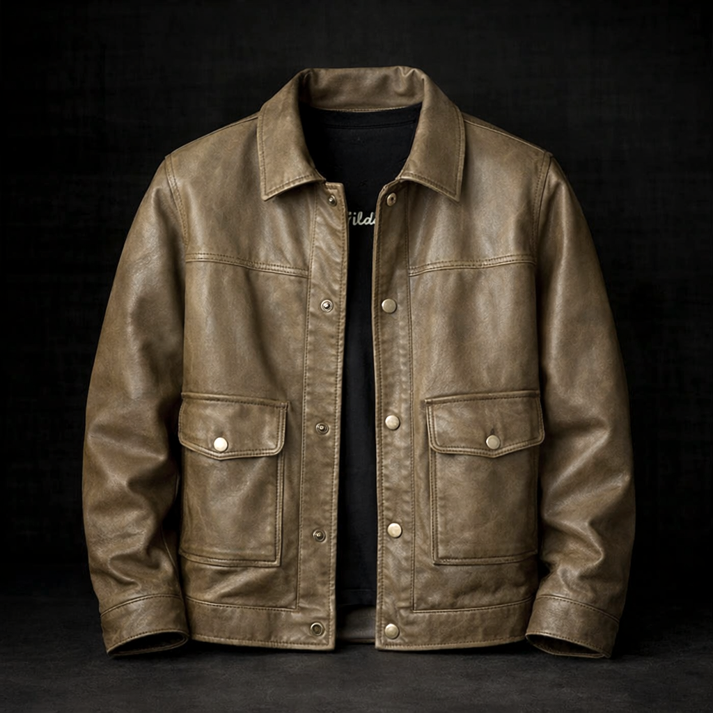 Blouson en Cuir Vintage Homme Rochefort – Veste Cuir Patinée à Pressions et Poches à Rabat