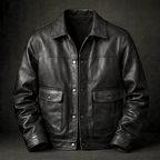 Blouson en Cuir Vintage Homme Rochefort – Veste Cuir Patinée à Pressions et Poches à Rabat
