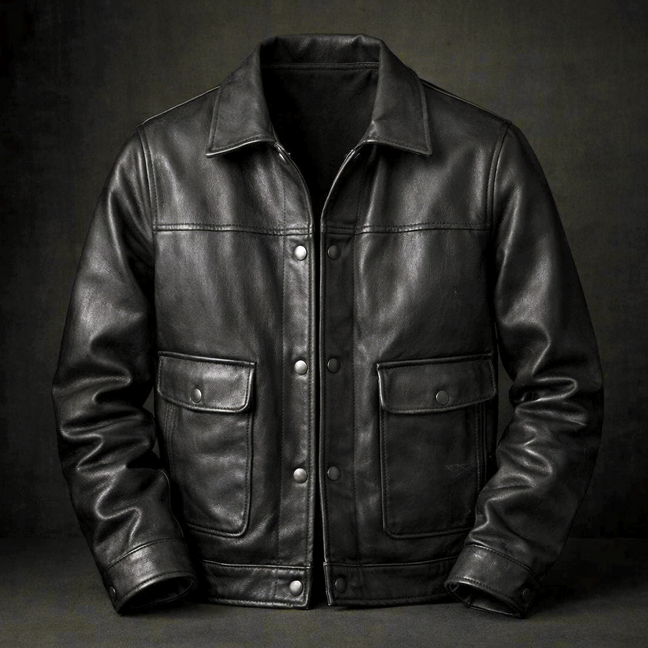 Blouson en Cuir Vintage Homme Rochefort – Veste Cuir Patinée à Pressions et Poches à Rabat