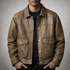 Blouson en Cuir Vintage Homme Rochefort – Veste Cuir Patinée à Pressions et Poches à Rabat