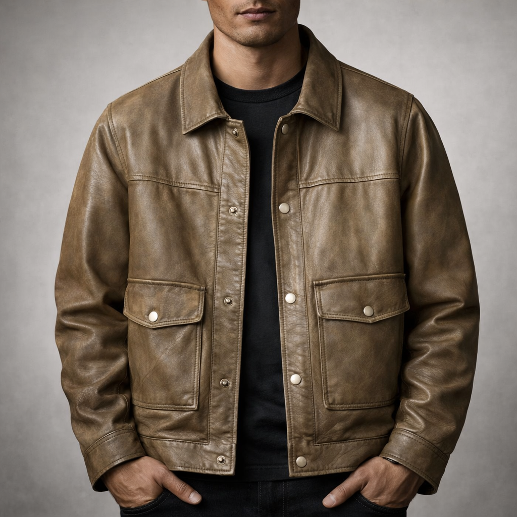 Blouson en Cuir Vintage Homme Rochefort – Veste Cuir Patinée à Pressions et Poches à Rabat