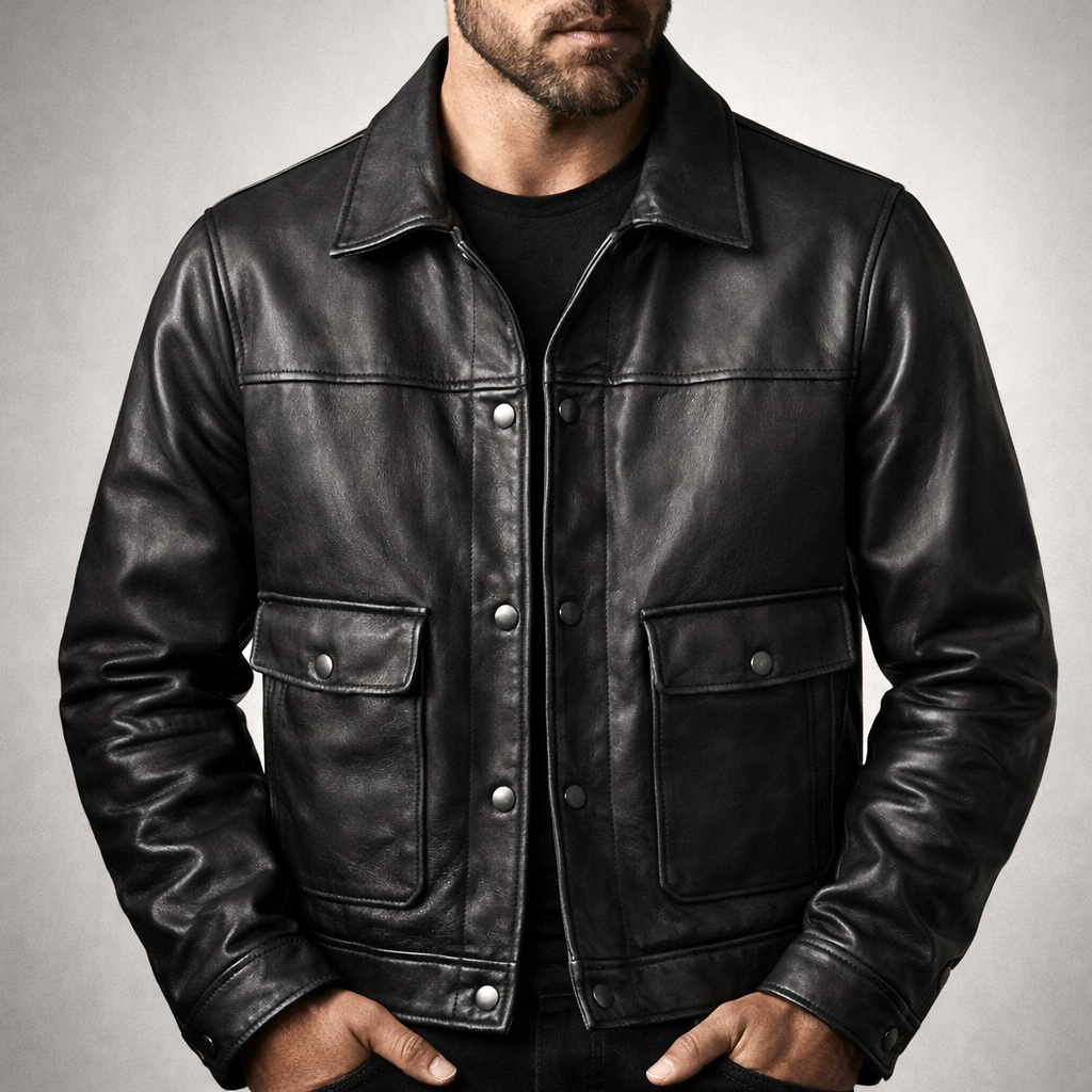 Blouson en Cuir Vintage Homme Rochefort – Veste Cuir Patinée à Pressions et Poches à Rabat
