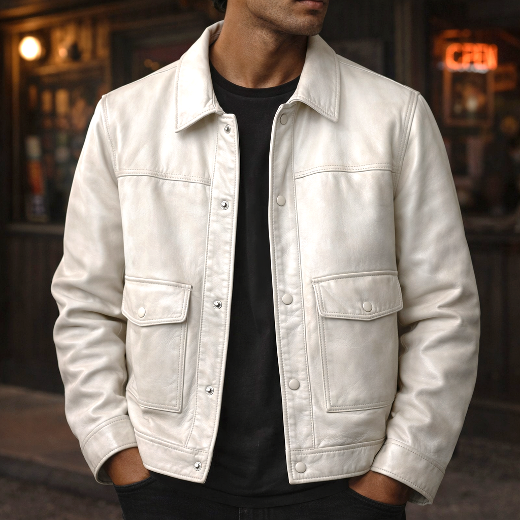 Blouson en Cuir Vintage Homme Rochefort – Veste Cuir Patinée à Pressions et Poches à Rabat