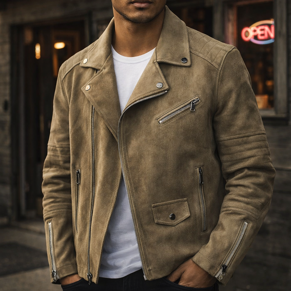 Veste en Daim Italien Homme Belleville – Blouson Suède Rétro à Col Boutonné et Poches Zippées