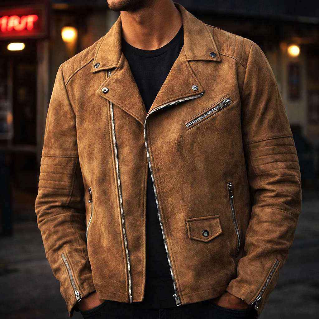 Veste en Daim Italien Homme Belleville – Blouson Suède Rétro à Col Boutonné et Poches Zippées