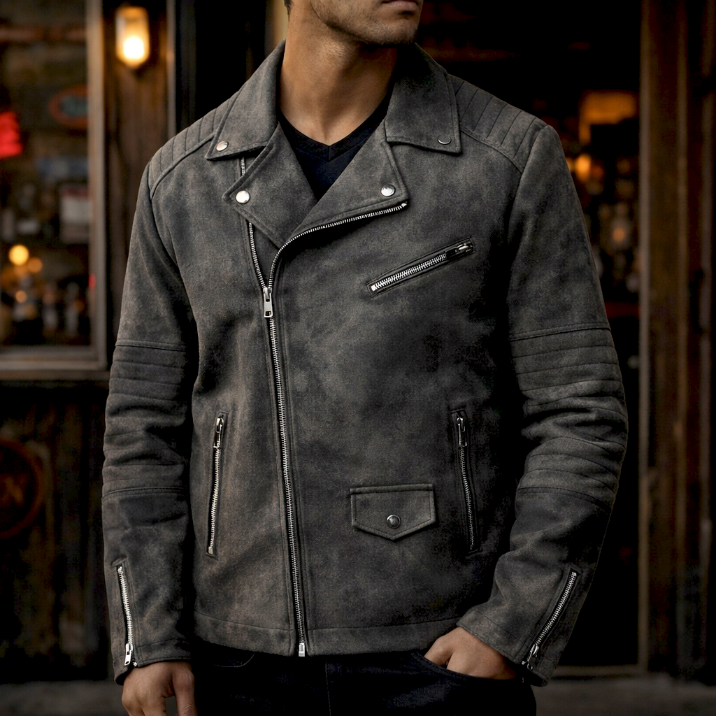Veste en Daim Italien Homme Belleville – Blouson Suède Rétro à Col Boutonné et Poches Zippées