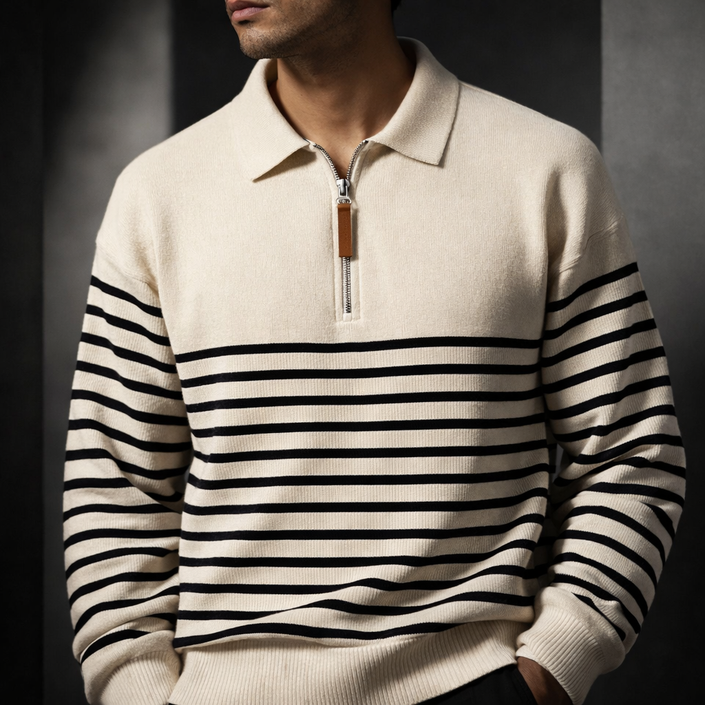 Pull Col Zippé Homme Brice – Pull en Maille Rayé à Demi-Zip, Coupe Décontractée