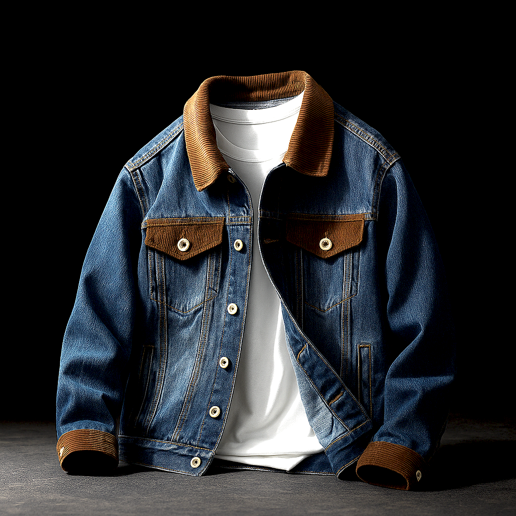 Veste en Jean Trucker Homme Cognac – Veste Denim Délavée à Col en Velours Côtelé
