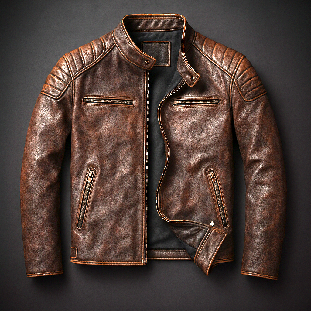 Blouson Motard en Cuir Vintage Homme Bastien – Veste Cuir Patinée Zippée, Doublure Coton Respirante