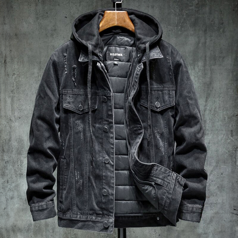 Veste en Jean à Capuche Homme Corbeau – Hoodie Denim Doublé Thermique, Capuche Amovible