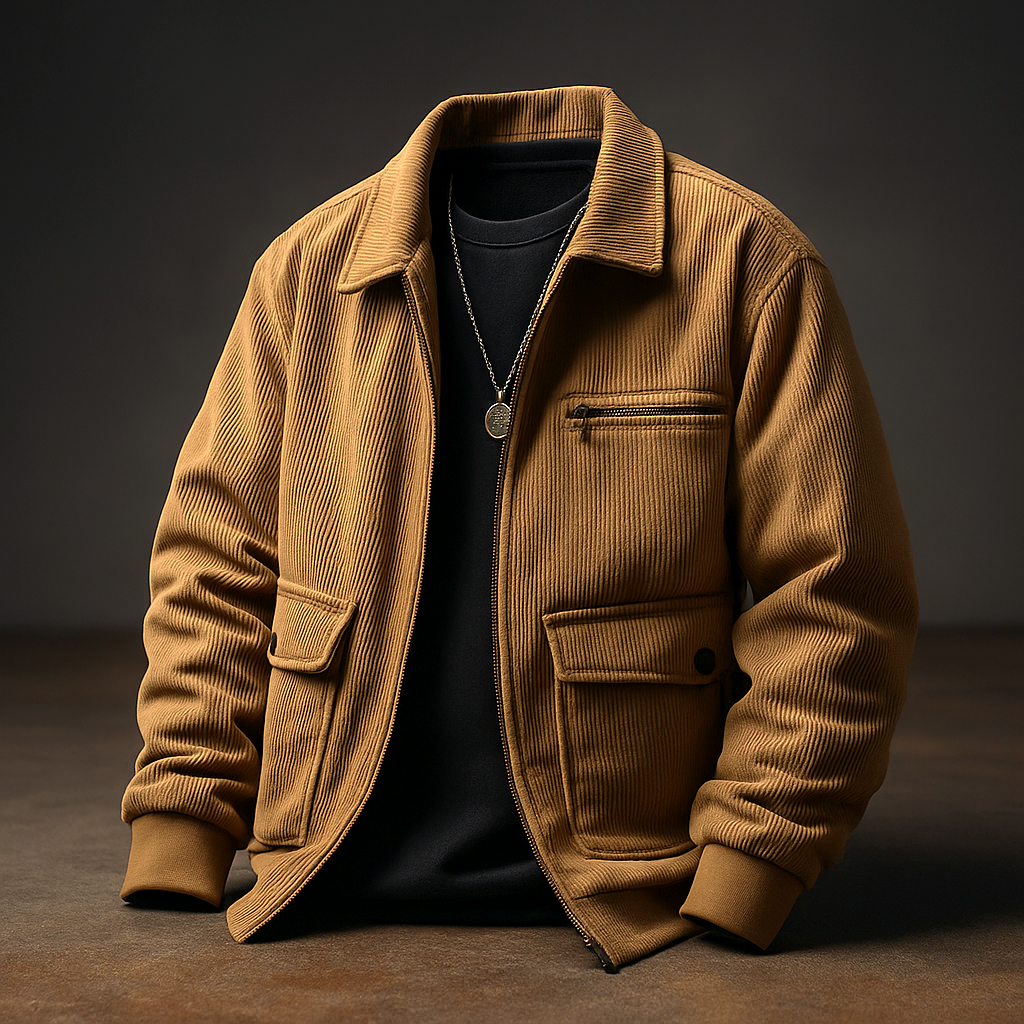 Veste en Velours Côtelé Homme Carnac – Veste Trucker Zippée Multi-Poches Style Rétro