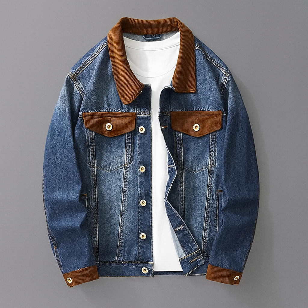 Veste en Jean Trucker Homme Cognac – Veste Denim Délavée à Col en Velours Côtelé
