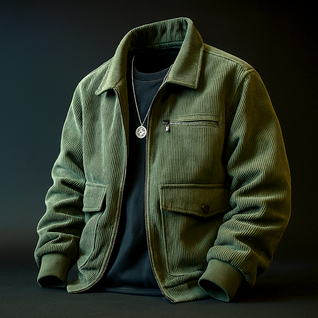 Veste en Velours Côtelé Homme Carnac – Veste Trucker Zippée Multi-Poches Style Rétro