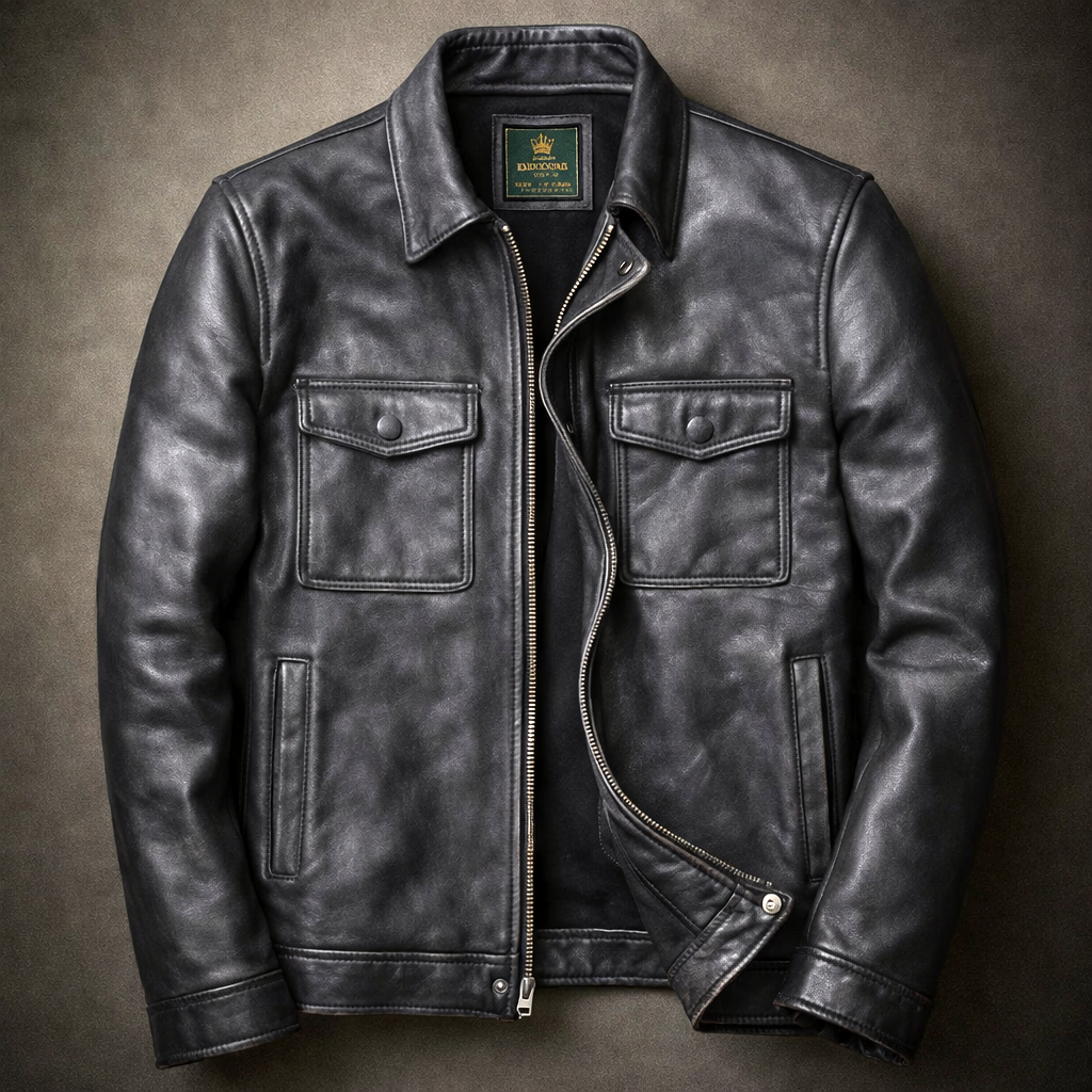 Blouson en Cuir Vintage Homme Jacques – Veste Motard Cuir Patinée Zippée à 4 Poches
