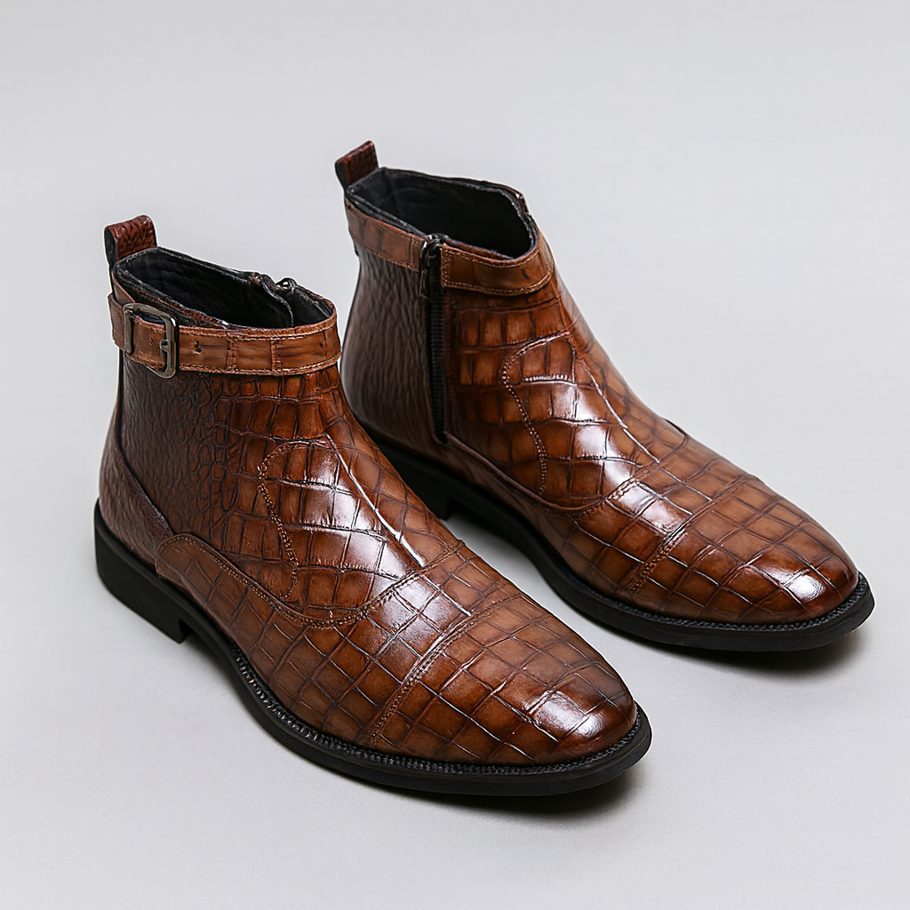Bottes Homme Gascogne – Bottines Effet Croco à Sangles et Boucles, Semelle Antidérapante