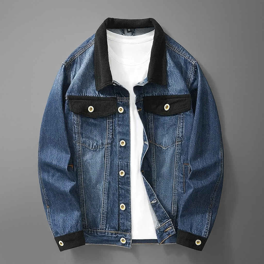 Veste en Jean Trucker Homme Cognac – Veste Denim Délavée à Col en Velours Côtelé