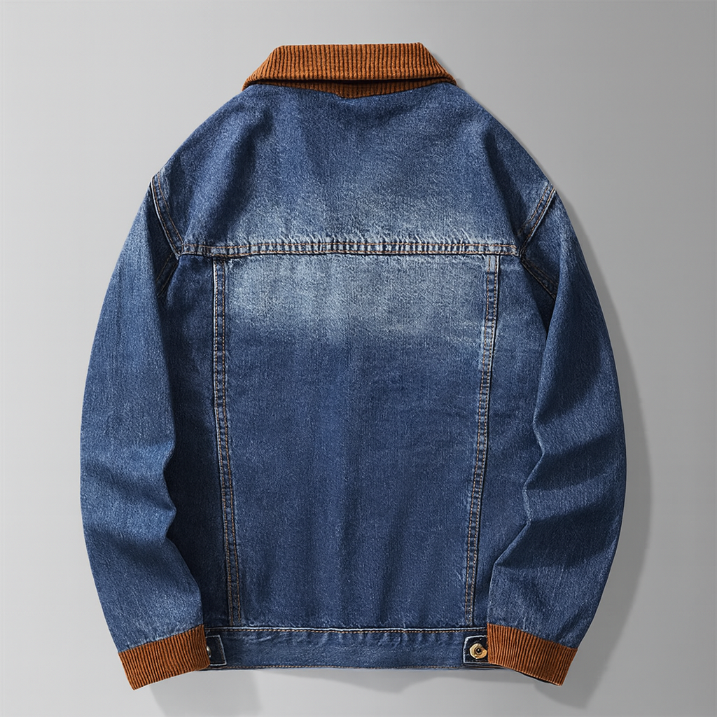 Veste en Jean Trucker Homme Cognac – Veste Denim Délavée à Col en Velours Côtelé