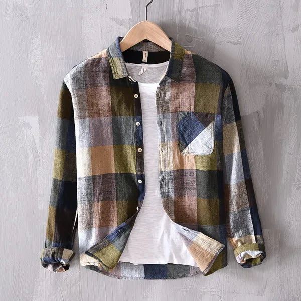 Chemise en Lin à Carreaux Homme Estérel – Chemise 100 % Lin Manches Longues Vintage