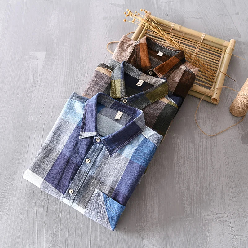 Chemise en Lin à Carreaux Homme Estérel – Chemise 100 % Lin Manches Longues Vintage