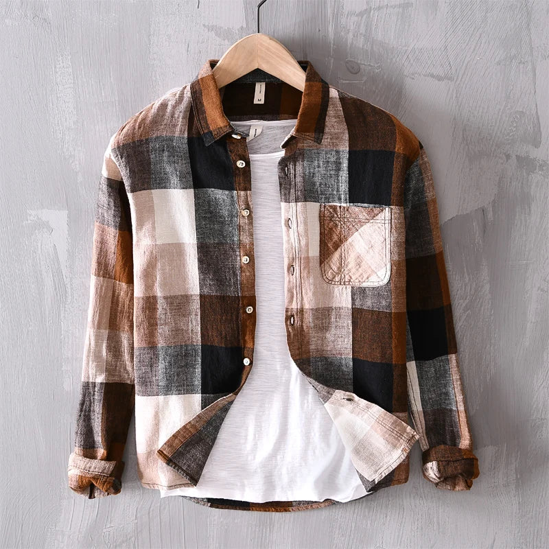 Chemise en Lin à Carreaux Homme Estérel – Chemise 100 % Lin Manches Longues Vintage