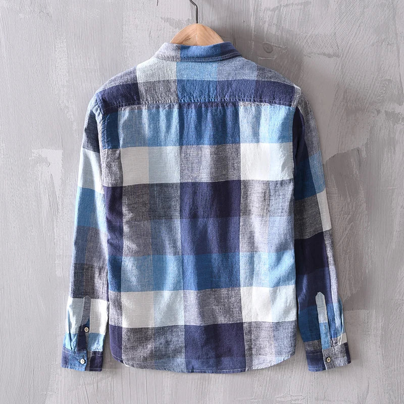 Chemise en Lin à Carreaux Homme Estérel – Chemise 100 % Lin Manches Longues Vintage