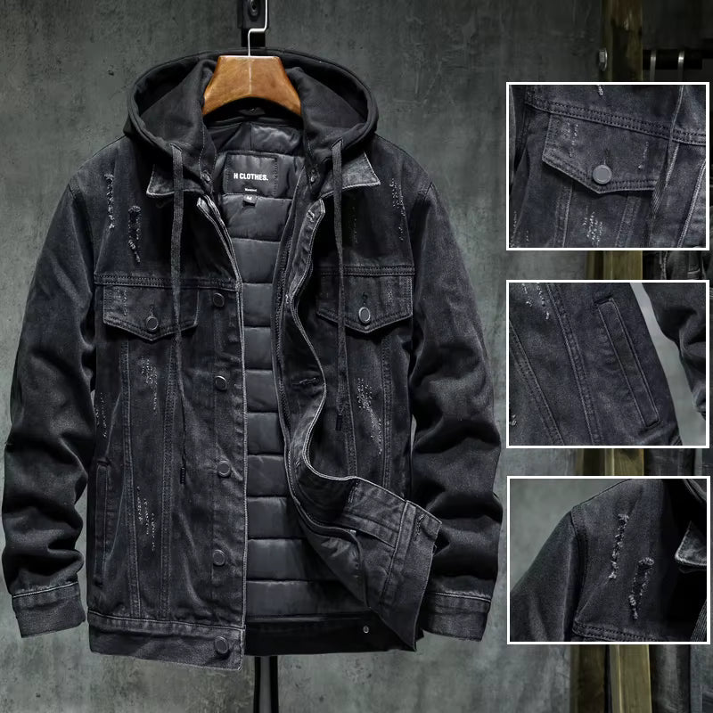 Veste en Jean à Capuche Homme Corbeau – Hoodie Denim Doublé Thermique, Capuche Amovible
