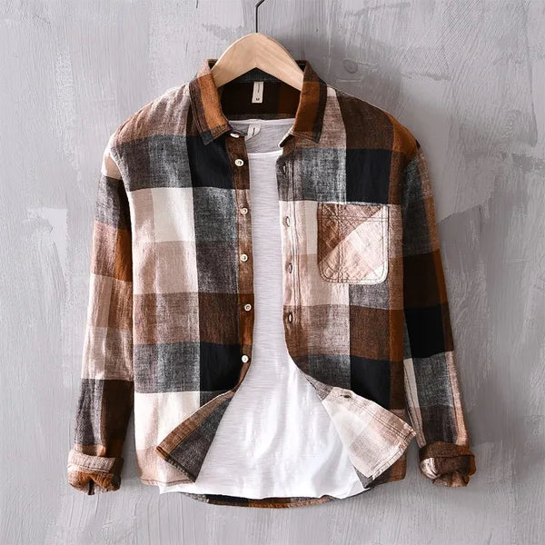 Chemise en Lin à Carreaux Homme Estérel – Chemise 100 % Lin Manches Longues Vintage