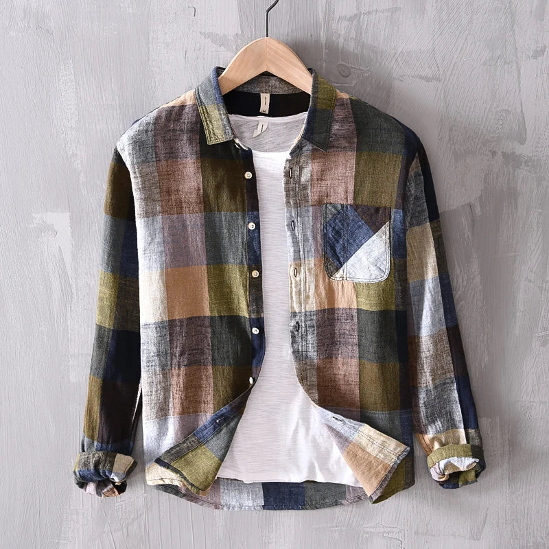 Chemise en Lin à Carreaux Homme Estérel – Chemise 100 % Lin Manches Longues Vintage