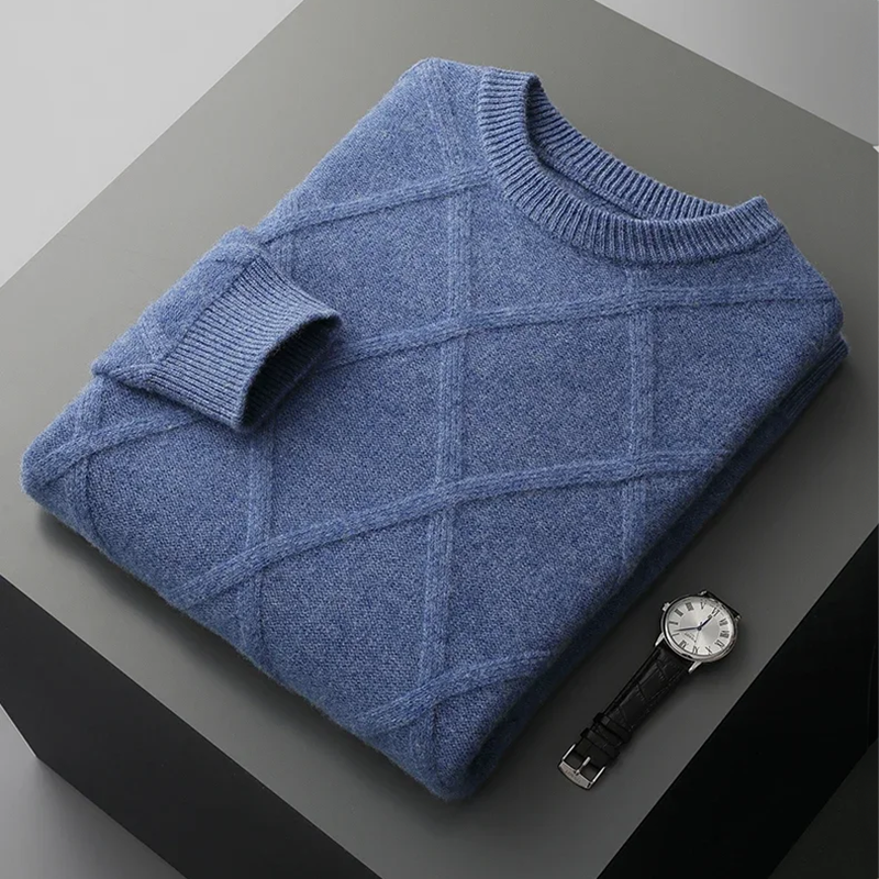 Pull en Cachemire Homme Cassis – Pull Col Rond Maille Losange, Doux et Chaud