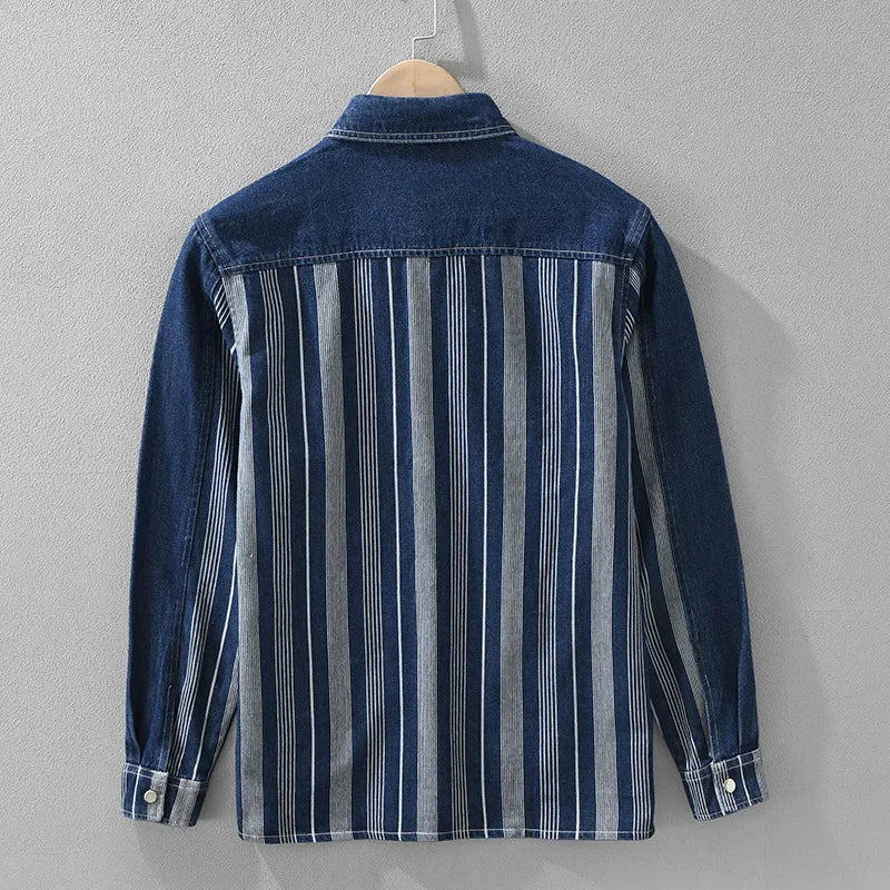 Chemise en Jean Patchwork Homme Martigues – Chemise Denim Rayée à Pressions Manches Longues