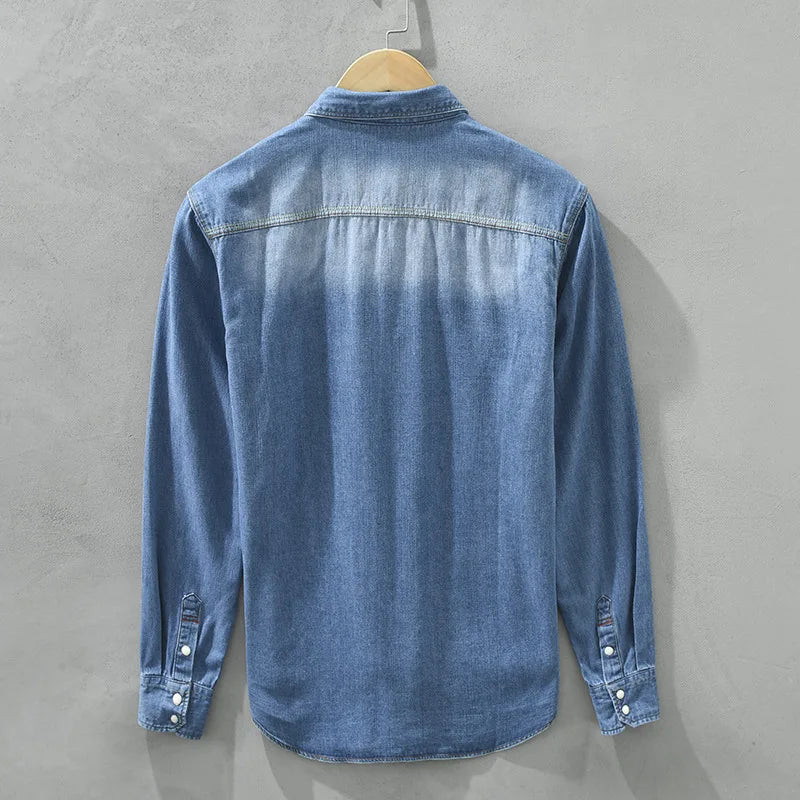 Chemise en Jean Délavé Homme Barthélemy – Chemise Manches Longues à Boutons Pression Nacrés