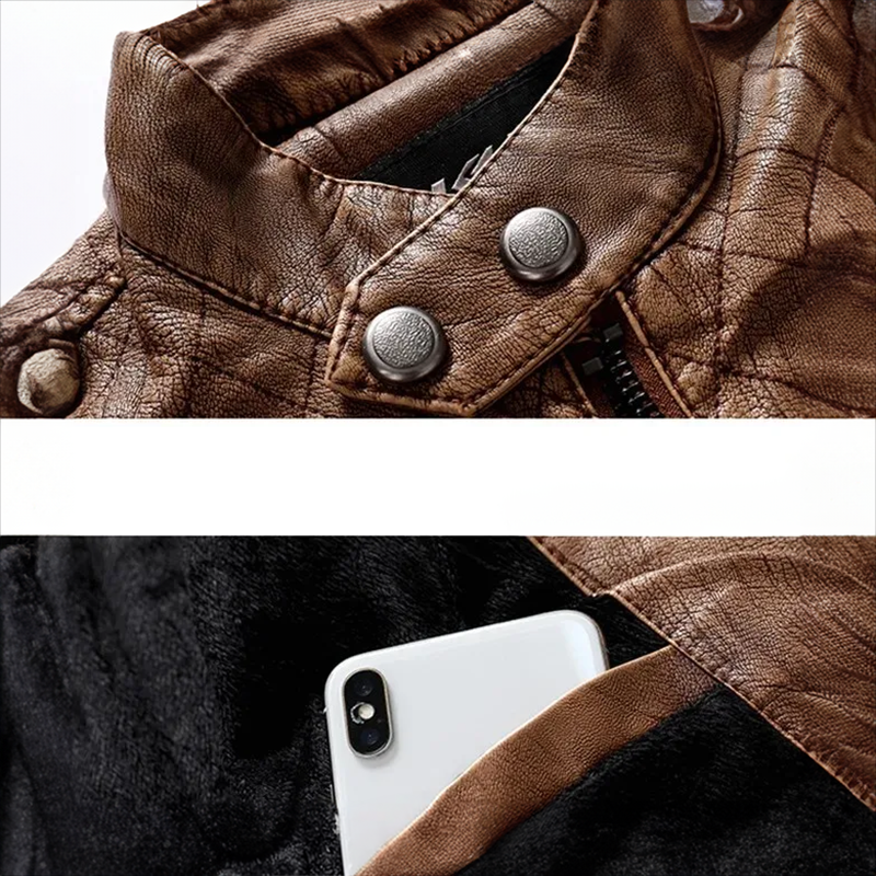 Blouson en Cuir Vintage Homme Morlaix – Veste Cuir Véritable Doublée Laine à Poches Zippées