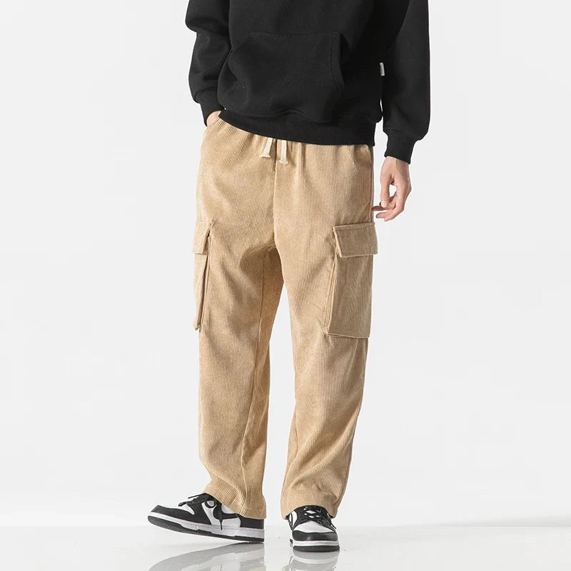 Pantalon Cargo en Velours Côtelé Homme – Pantalon Décontracté à Taille Élastique et Grandes Poches