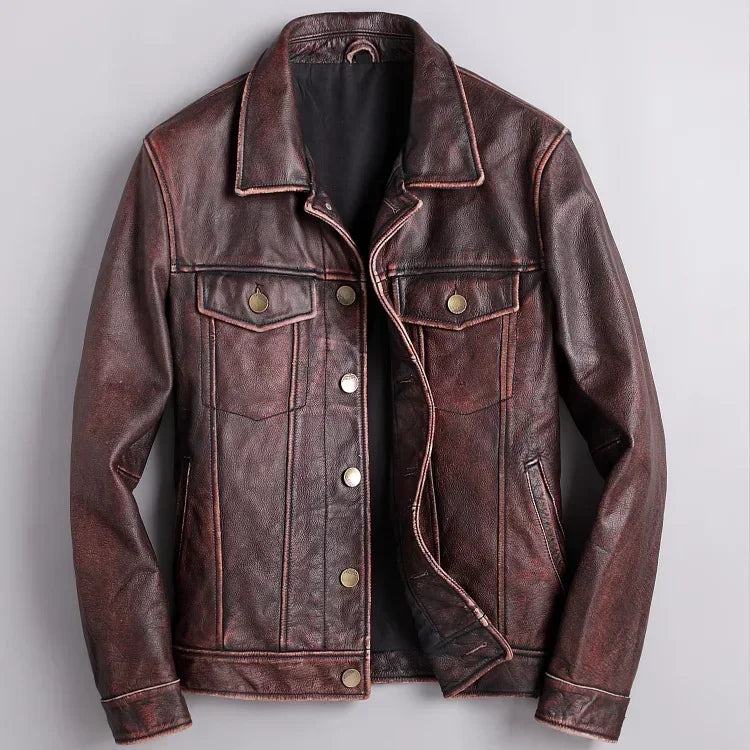 Veste en Cuir Boutonnée Homme Bastien – Blouson Cuir Véritable Vintage à 4 Poches