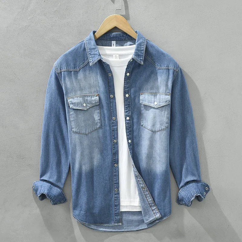 Chemise en Jean Délavé Homme Barthélemy – Chemise Manches Longues à Boutons Pression Nacrés