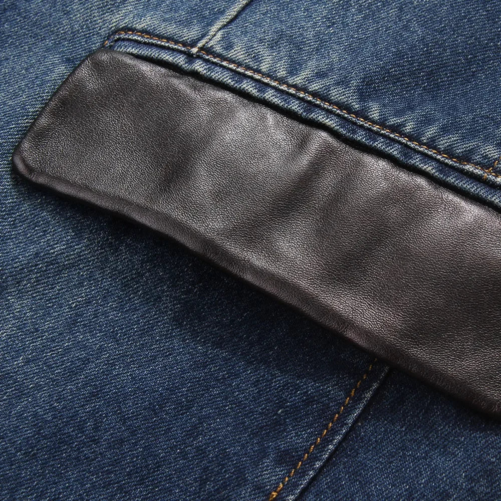 Blazer en Jean Homme Versailles – Veste Denim Ajustée à Col et Rabats en Cuir