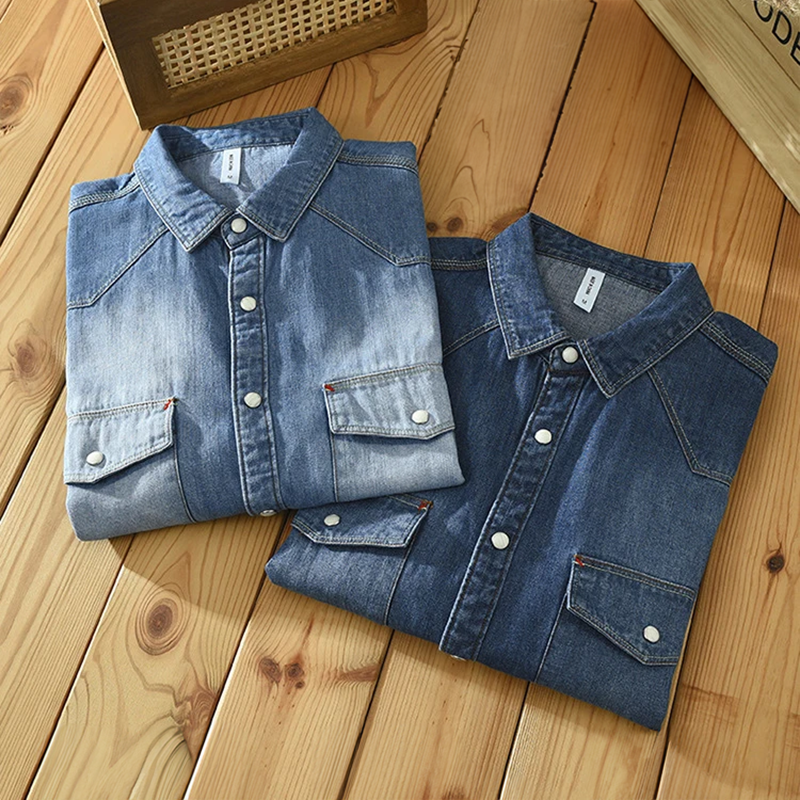 Chemise en Jean Délavé Homme Barthélemy – Chemise Manches Longues à Boutons Pression Nacrés