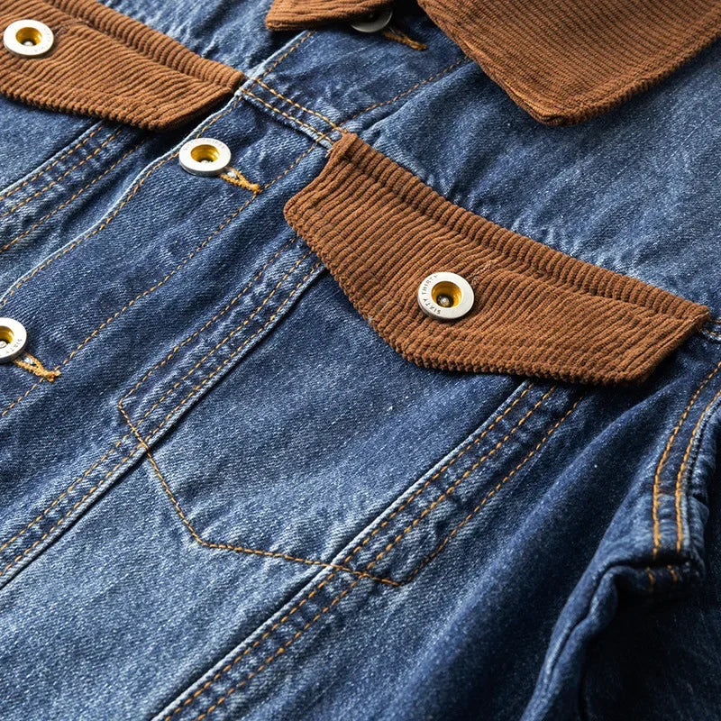 Veste en Jean Trucker Homme Cognac – Veste Denim Délavée à Col en Velours Côtelé