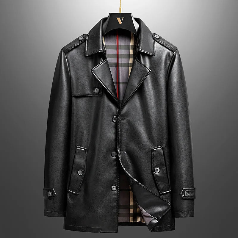Manteau Long en Cuir Homme Beaumont – Pardessus Vintage à Épaulettes et Doublure Isolante