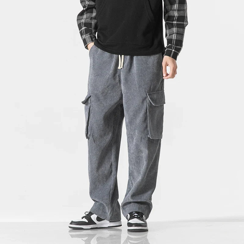 Pantalon Cargo en Velours Côtelé Homme – Pantalon Décontracté à Taille Élastique et Grandes Poches