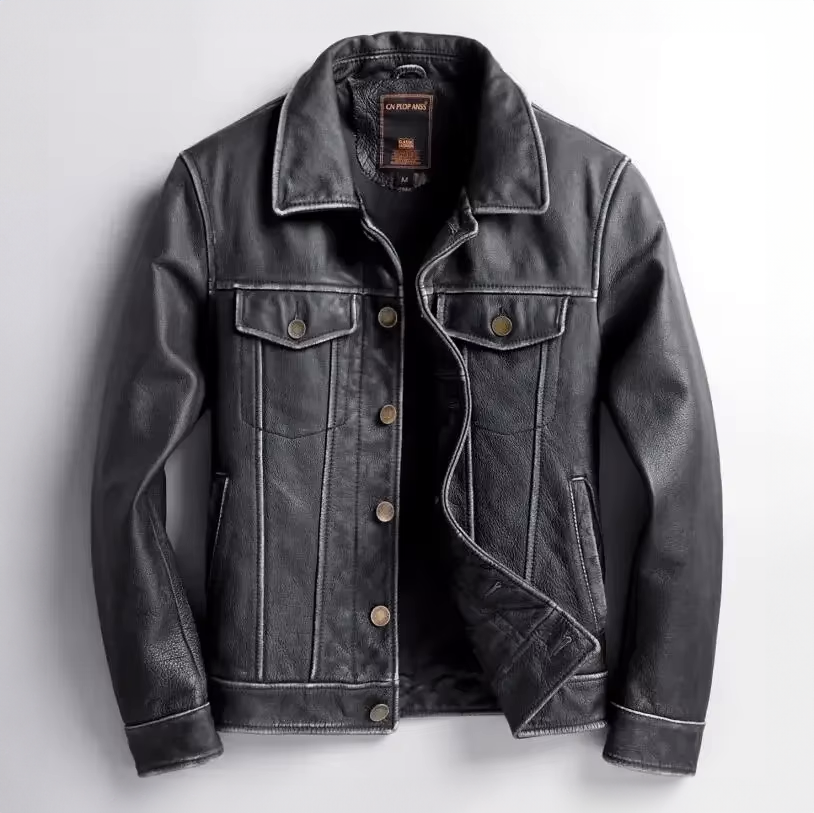 Veste en Cuir Boutonnée Homme Bastien – Blouson Cuir Véritable Vintage à 4 Poches