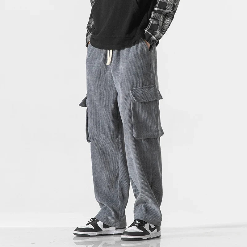 Pantalon Cargo en Velours Côtelé Homme – Pantalon Décontracté à Taille Élastique et Grandes Poches