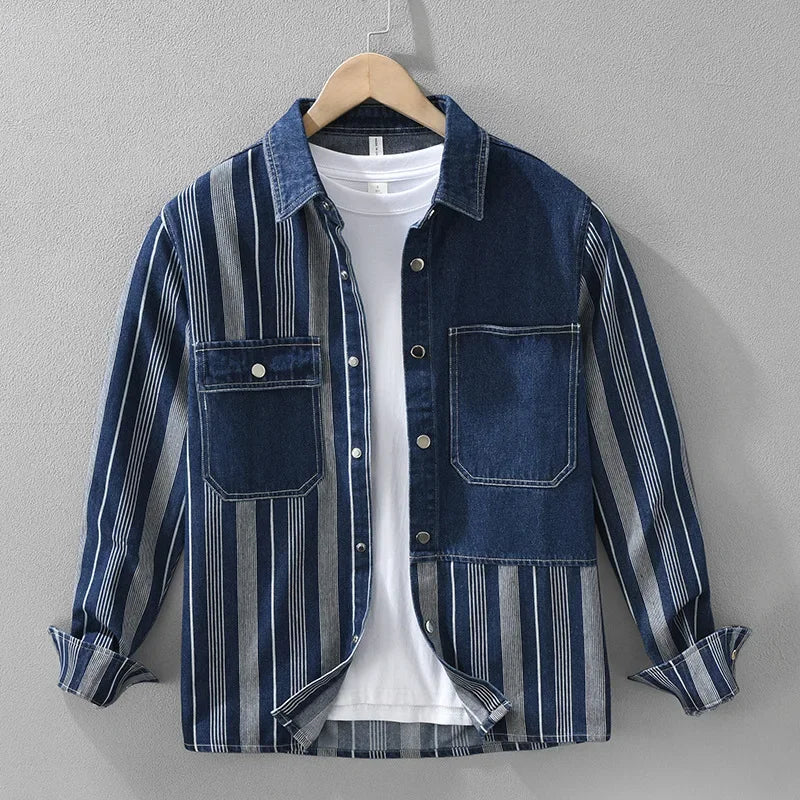 Chemise en Jean Patchwork Homme Martigues – Chemise Denim Rayée à Pressions Manches Longues