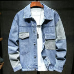 Veste en Jean Patchwork Homme Rennes – Veste Denim Délavée Boutonnée à Poches à Rabat