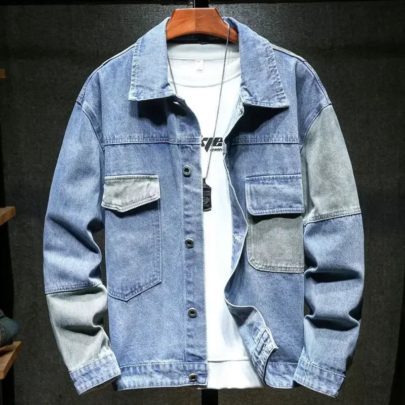 Veste en Jean Patchwork Homme Rennes – Veste Denim Délavée Boutonnée à Poches à Rabat