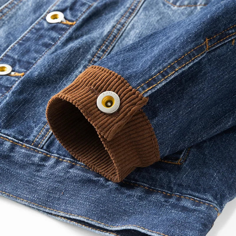 Veste en Jean Trucker Homme Cognac – Veste Denim Délavée à Col en Velours Côtelé