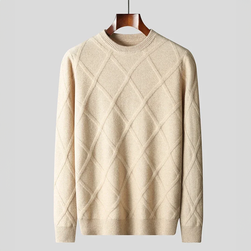 Pull en Cachemire Homme Cassis – Pull Col Rond Maille Losange, Doux et Chaud