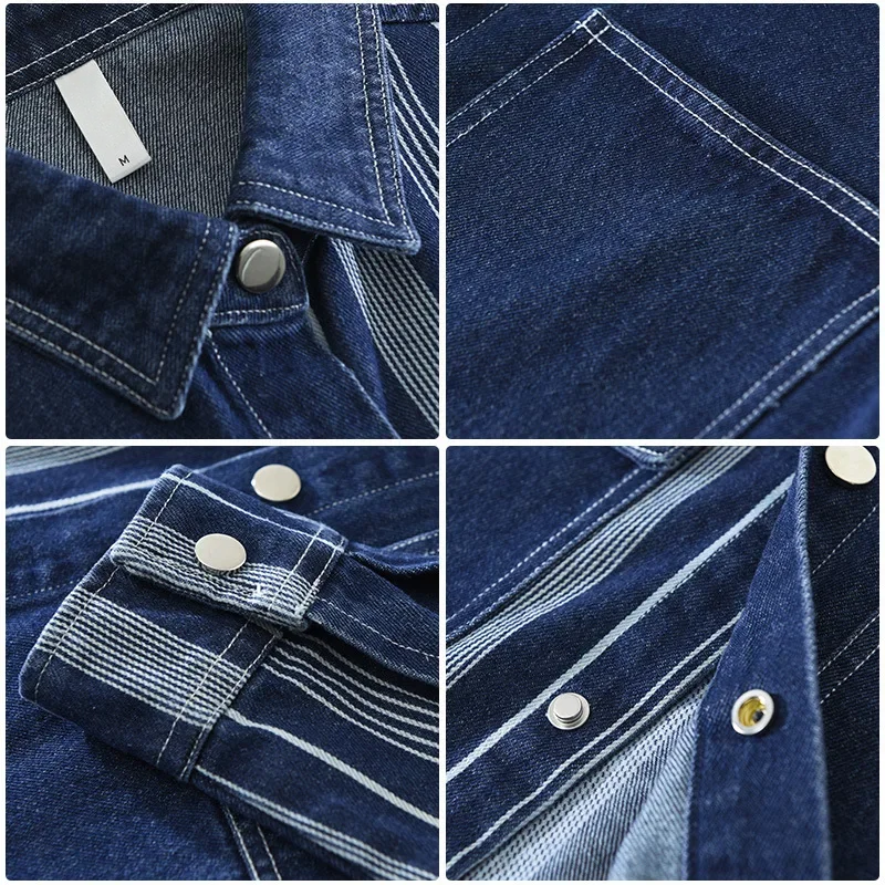 Chemise en Jean Patchwork Homme Martigues – Chemise Denim Rayée à Pressions Manches Longues