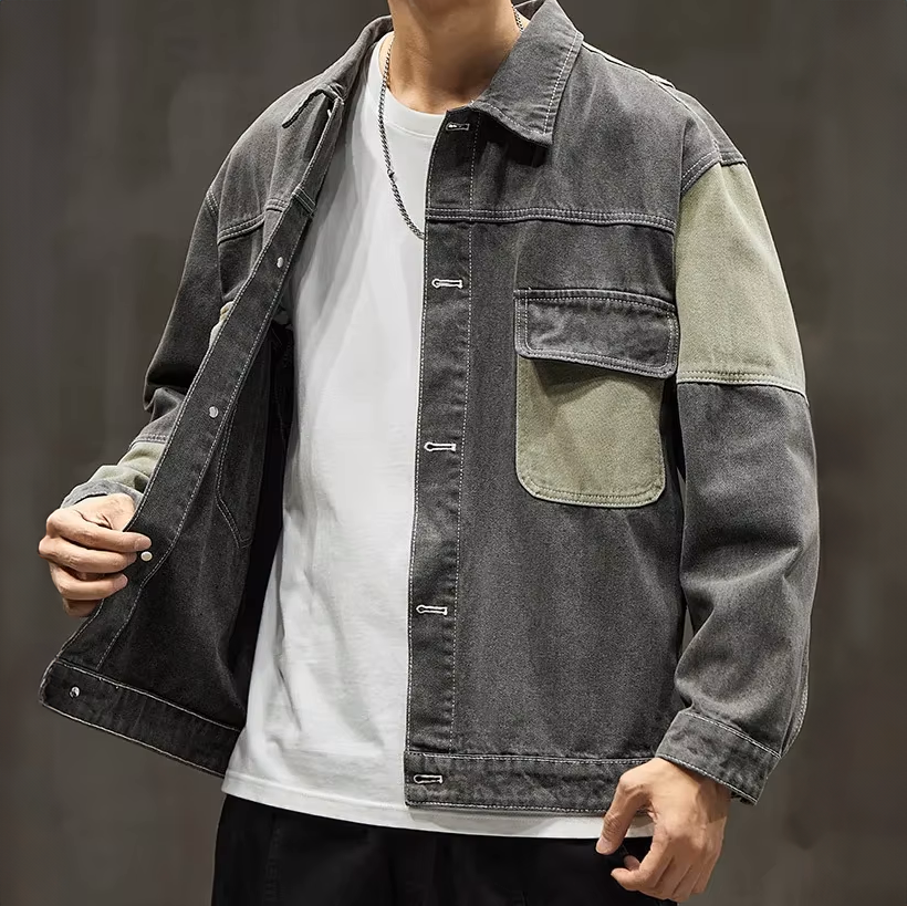 Veste en Jean Patchwork Homme Rennes – Veste Denim Délavée Boutonnée à Poches à Rabat